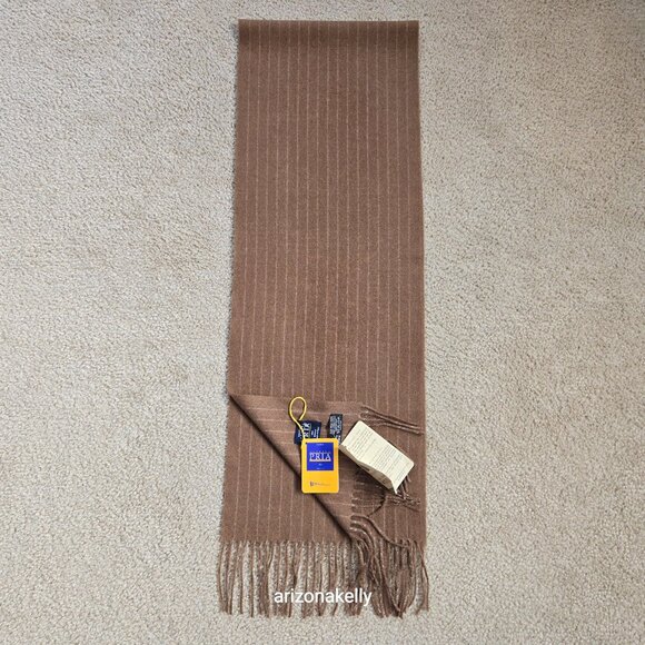 NWT Alfredo Pria Wool Scarf *TINY HOLE* Tan Pinstripe Biella Italy - Picture 12 of 12